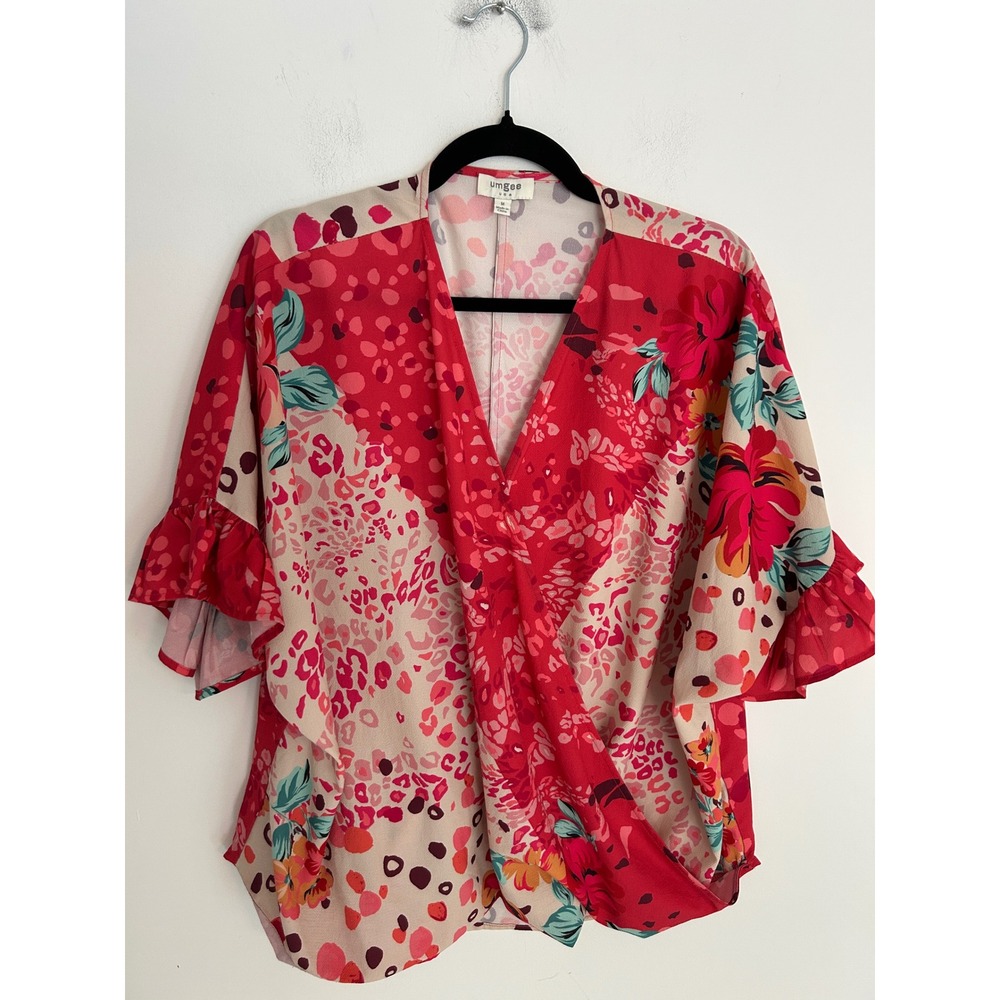 Umgee Red Floral Animal Print Wrap Top Ruffle Sleeve Boho Blouse Womens Medium